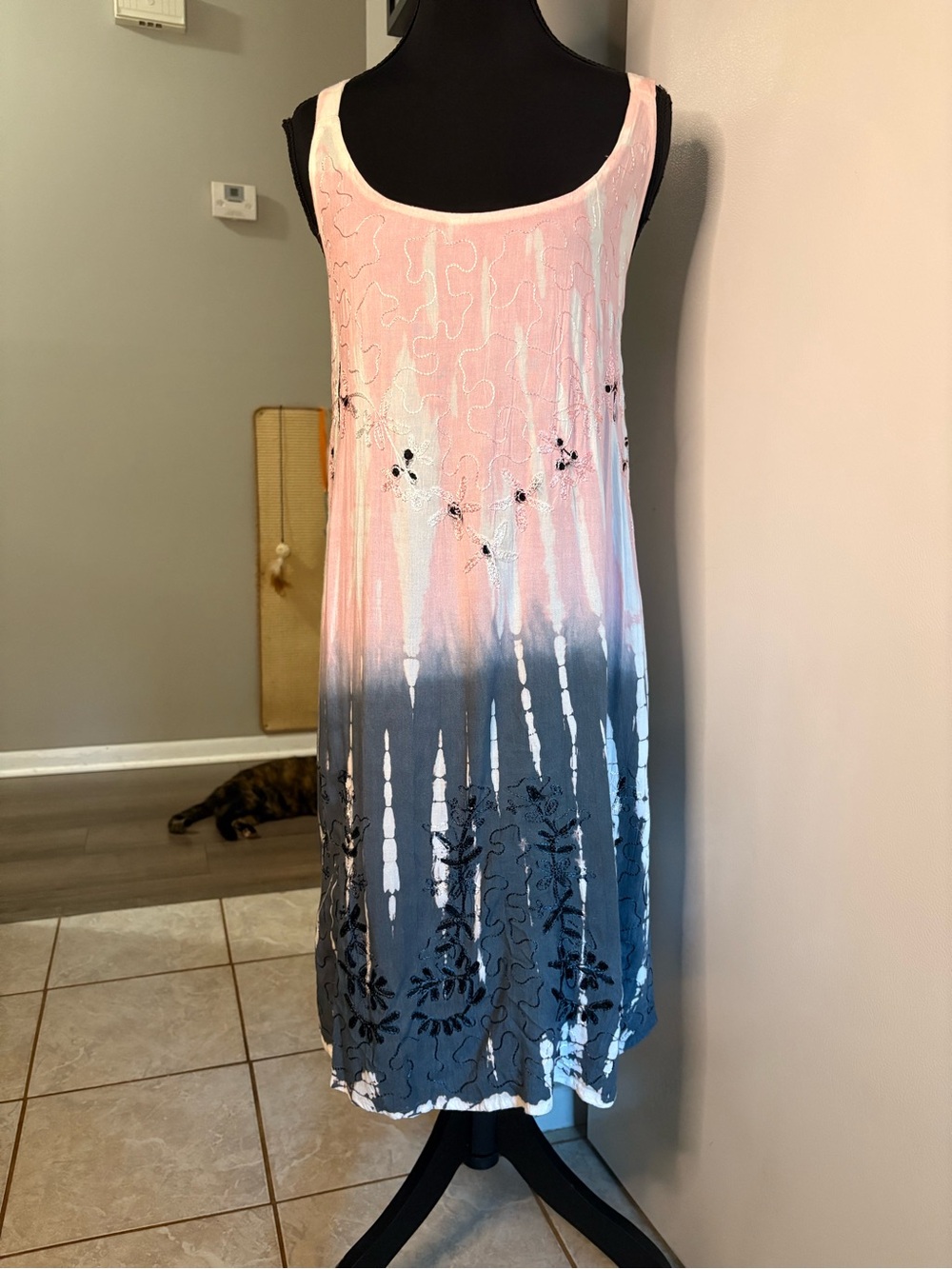 Sleeveless Pink to Blue Dip-Dye Maxi Dress with Embroidered Detail